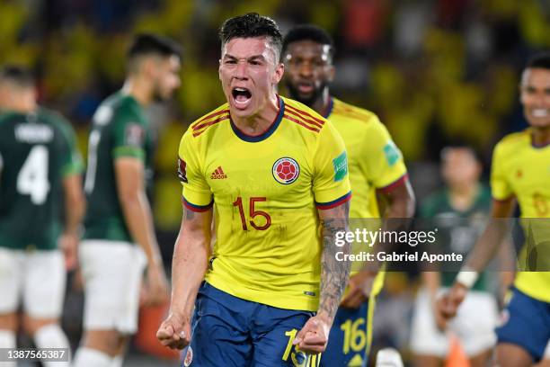 Matheus Uribe of Colombia celebrates after scoring the third goal of his team during a match between Colombia and Bolivia as part of FIFA World Cup...