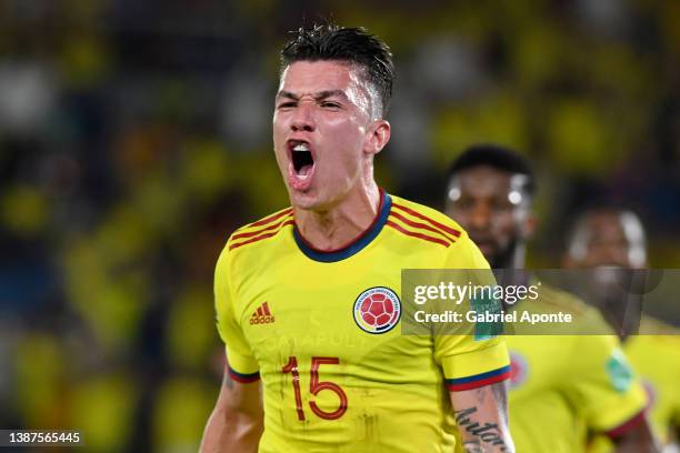 Matheus Uribe of Colombia celebrates after scoring the third goal of his team during a match between Colombia and Bolivia as part of FIFA World Cup...
