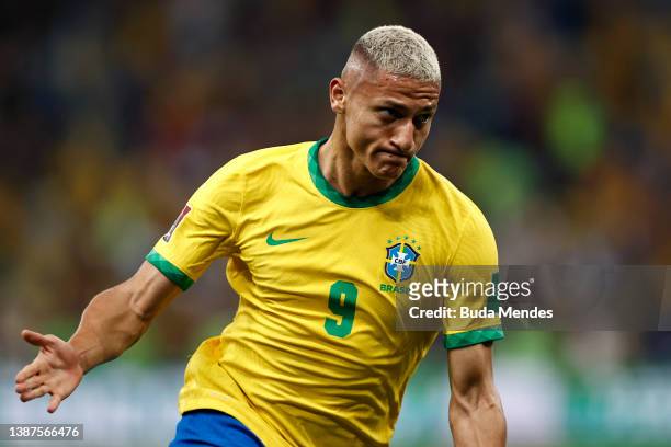 Richarlison of Brazil celebrates after scoring the fourth goal of his team during a match between Brazil and Chile as part of FIFA World Cup Qatar...