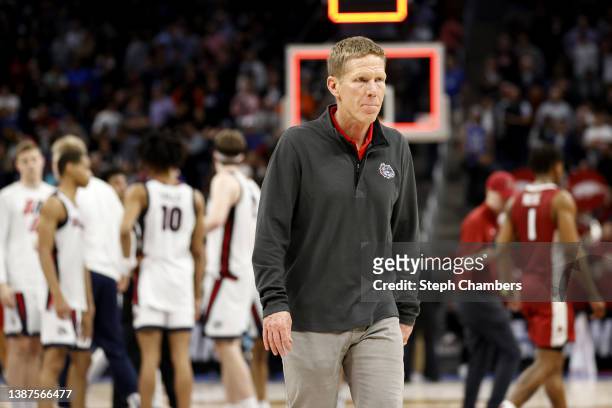 Head coach Mark Few of the Gonzaga Bulldogs walks off the court after being defeated by the Arkansas Razorbacks with a final score of 68-74 in the...
