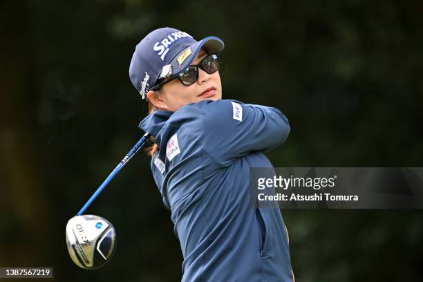 Hiroko Azuma of Japan hits her tee shot on the 11th hole during the first round of AXA Ladies Golf Tournament at UMK Country Club on March 25, 2022...