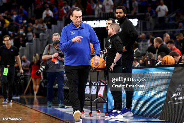 Head coach Mike Krzyzewski of the Duke Blue Devils walks on to the court prior to the Sweet Sixteen round game against the Texas Tech Red Raiders in...