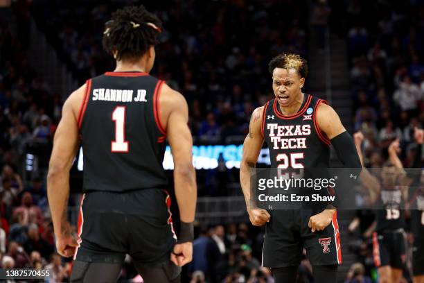 Adonis Arms of the Texas Tech Red Raiders celebrates with teammate Terrence Shannon Jr. #1 against the Duke Blue Devils during the first half in the...