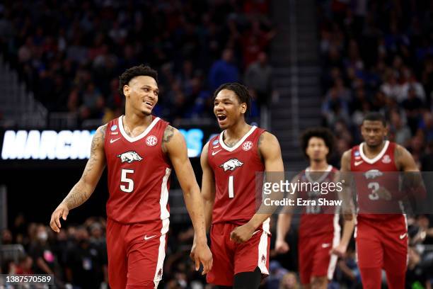 Au'Diese Toney of the Arkansas Razorbacks smiles during the second half against the Gonzaga Bulldogs in the Sweet Sixteen round game of the 2022 NCAA...