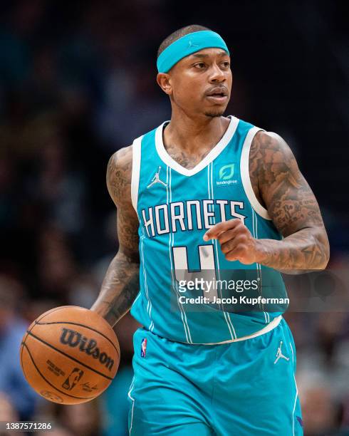 Isaiah Thomas of the Charlotte Hornets brings the ball up court against the New York Knicks during their game at Spectrum Center on March 23, 2022 in...