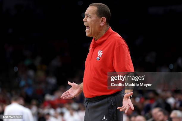 Head coach Kelvin Sampson of the Houston Cougars reacts during the first half against the Arizona Wildcats in the NCAA Men's Basketball Tournament...