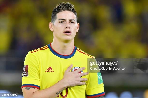 James Rodriguez of Colombia sings the national anthem during a match between Colombia and Bolivia as part of FIFA World Cup Qatar 2022 Qualifier on...