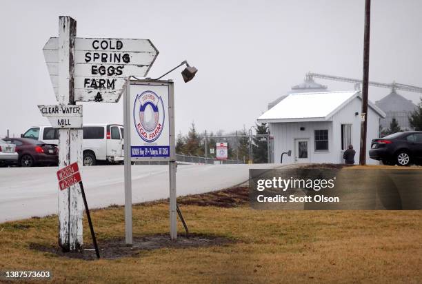 Sign sits at the entrance to the Cold Springs Eggs Farm where the presence of avian influenza was reported to be discovered, forcing the commercial...