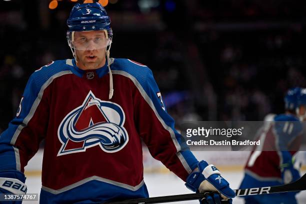 Jack Johnson of the Colorado Avalanche skates as he warms up before a game against the Vancouver Canucks at Ball Arena on March 23, 2022 in Denver,...