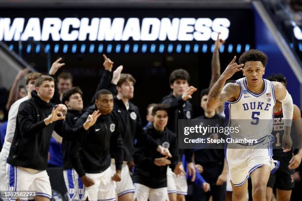 Paolo Banchero of the Duke Blue Devils moves down the court during the second half against the Texas Tech Red Raiders in the Sweet Sixteen round game...