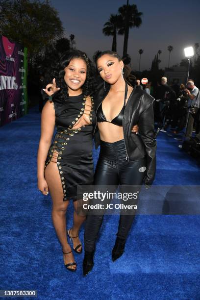 Dominique Fishback and Chloe Bailey attend the premiere of the 3rd season of FX's "Atlanta" at Hollywood Forever on March 24, 2022 in Hollywood,...