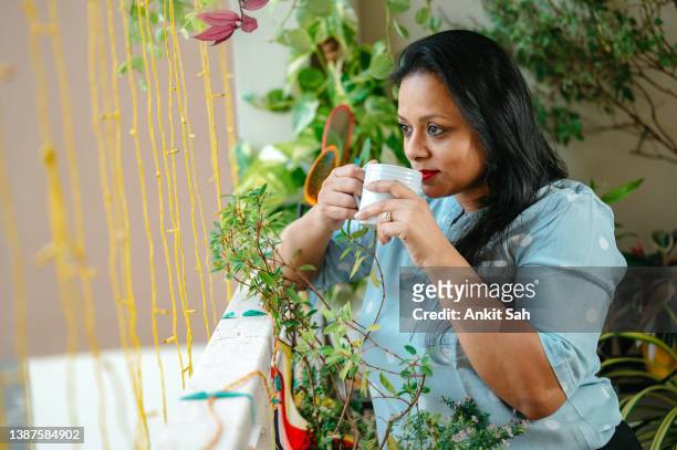 happy woman holding a cup and drinking tea or coffee in balcony full of green plants. - potted flowers stock pictures, royalty-free photos & images