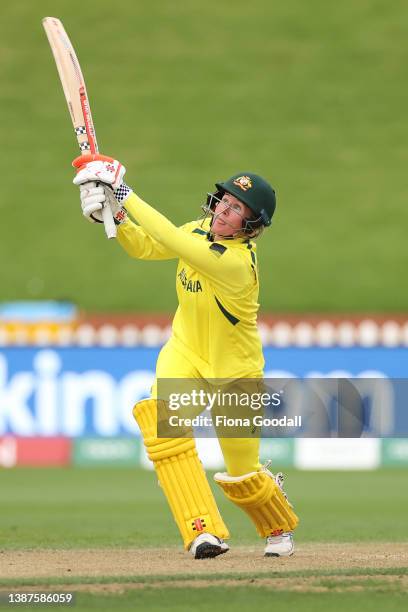 Beth Mooney of Australia plays a shot during the 2022 ICC Women's Cricket World Cup match between Bangladesh and Australia at Basin Reserve on March...