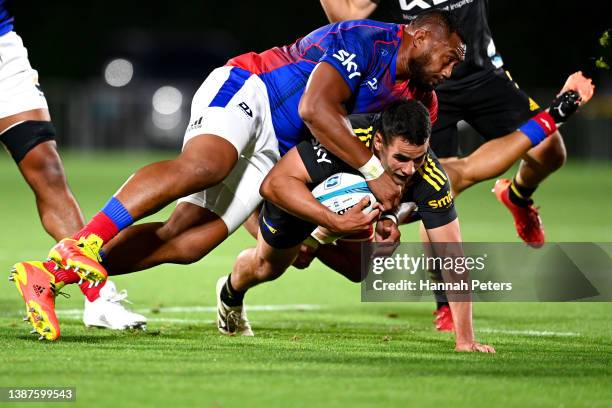 Josh Moorby of the Hurricanes charges forward during the round six Super Rugby Pacific match between the Moana Pasifika and the Hurricanes at Mt...