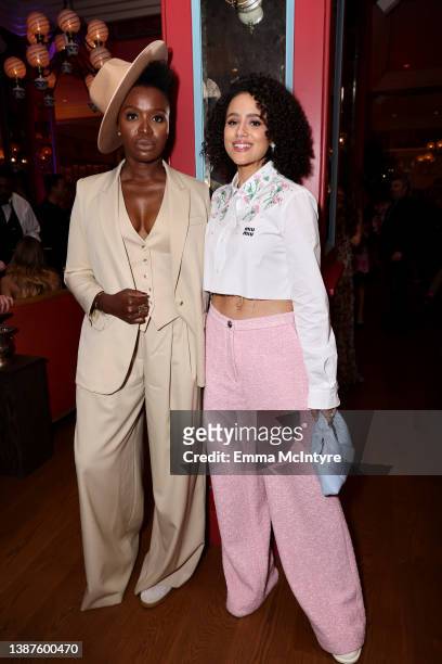 Folake Olowofoyeku and Nathalie Emmanuel attend Vanity Fair and Lancôme Celebrate The Future Of Hollywood, at Mother Wolf, on March 24, 2022 in Los...