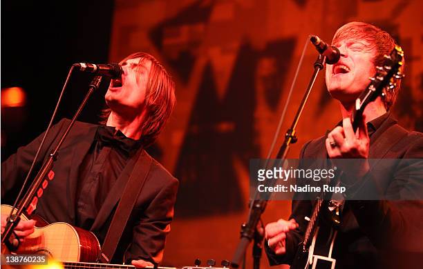 Bjoern Dixgard and Gustaf Noren of Mando Diao perform on stage during the Thomas Sabo Party at Postpalast on February 11, 2012 in Munich, Germany.