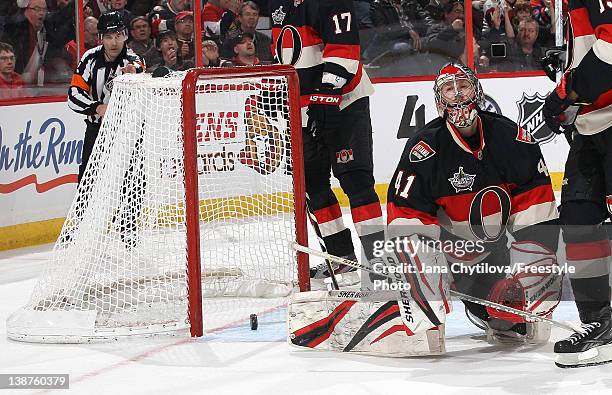 Craig Anderson of the Ottawa Senators reacts after allowing the over-time winning goal during an NHL game against the Edmonton Oilers at Scotiabank...