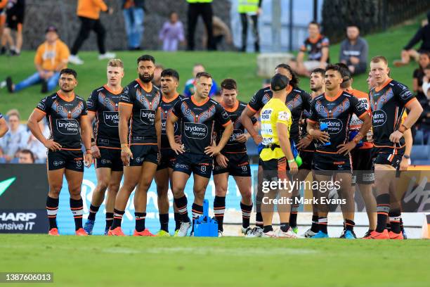 Tigers concede a try to the warriors during the round three NRL match between the Wests Tigers and the New Zealand Warriors at Campbelltown Stadium,...