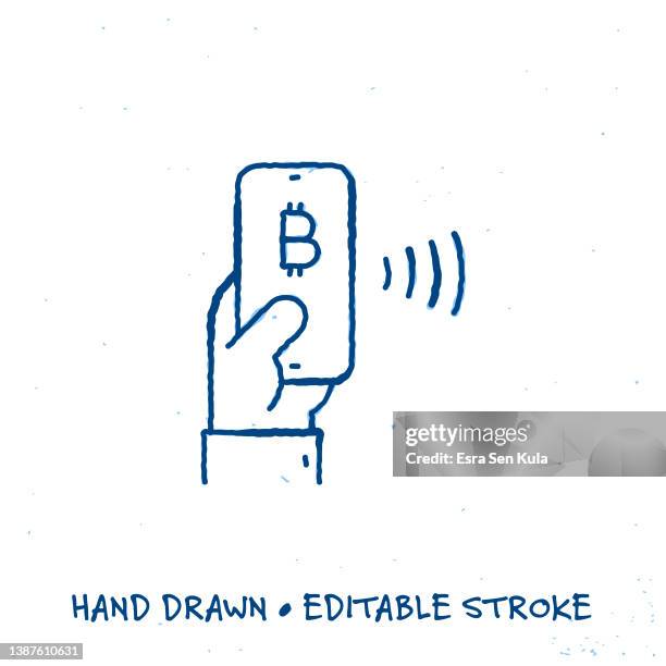 sketchy pay with bitcoin line icon with editable stroke - mobile payment cafe stock illustrations