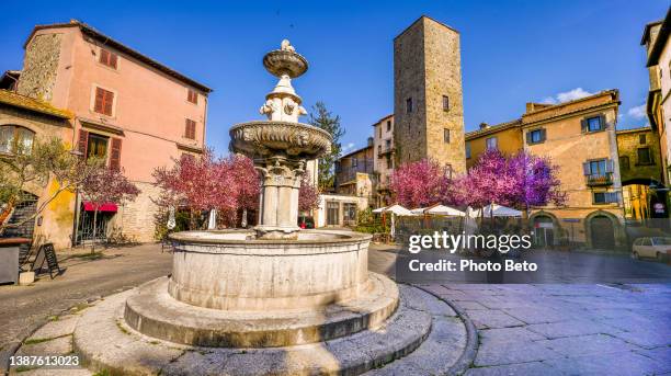 uma praça idílica com cerejas em flor na cidade medieval de viterbo, no centro da itália - província de viterbo - fotografias e filmes do acervo