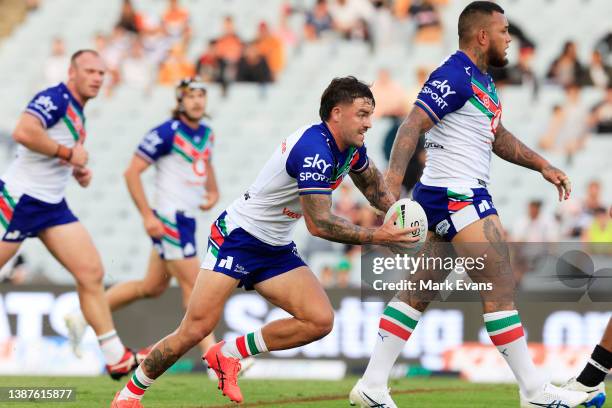 Wayde Egan of the Warriors runs the ball during the round three NRL match between the Wests Tigers and the New Zealand Warriors at Campbelltown...