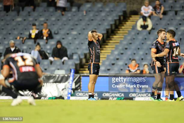 Tigers players after their loss during the round three NRL match between the Wests Tigers and the New Zealand Warriors at Campbelltown Stadium, on...