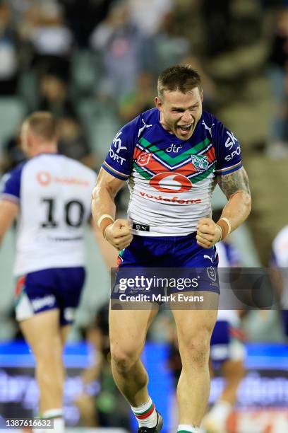 Euan Aitken of the Warriors celebrates their win during the round three NRL match between the Wests Tigers and the New Zealand Warriors at...