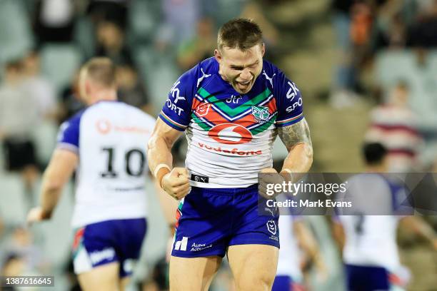 Euan Aitken of the Warriors celebrates their win during the round three NRL match between the Wests Tigers and the New Zealand Warriors at...