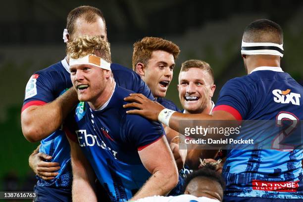 Matt Philip of the Rebels celebrates after scoring a try during the round six Super Rugby Pacific match between the Melbourne Rebels and the Fijian...