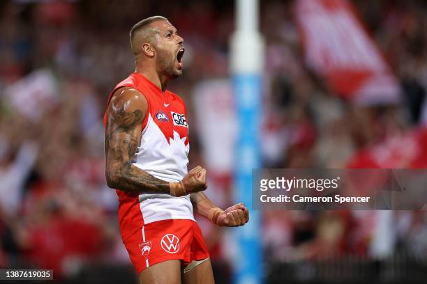 Lance Franklin of the Swans celebrates kicking a goal during the round two AFL match between the Sydney Swans and the Geelong Cats at Sydney Cricket...