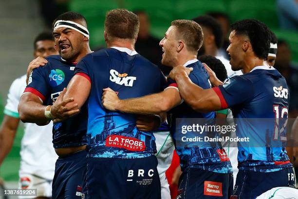 Jordan Uelese of the Rebels celebrates after scoring a try during the round six Super Rugby Pacific match between the Melbourne Rebels and the Fijian...