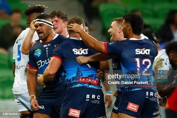 Jordan Uelese of the Rebels celebrates after scoring a try during the round six Super Rugby Pacific match between the Melbourne Rebels and the Fijian...