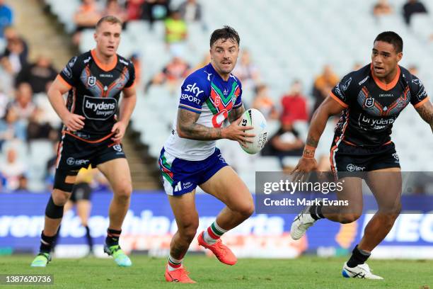 Wayde Egan of the Warriors runs the ball during the round three NRL match between the Wests Tigers and the New Zealand Warriors at Campbelltown...