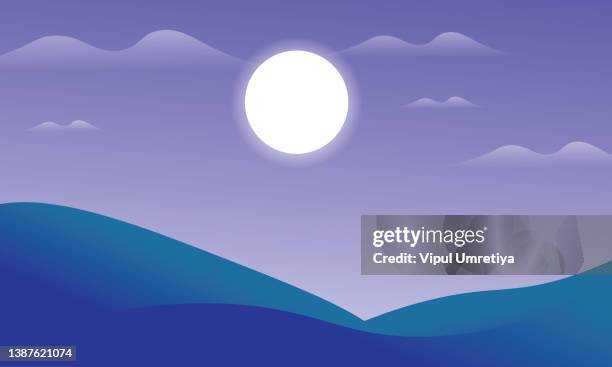 muslim holiday banner concept. realistic night desert landscape with starry sky, crescent and clouds. vector greeting card for muslim festival eid al-adha stock illustration - desert festival stock illustrations