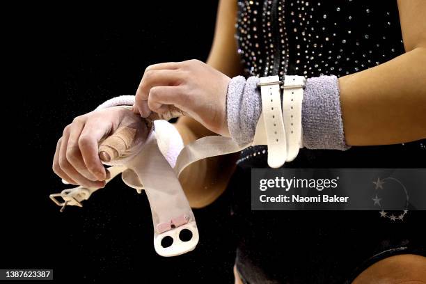 Detailed view of wrist strapping during day one of the 2022 Gymnastics British Championships at M&S Bank Arena on March 24, 2022 in Liverpool,...