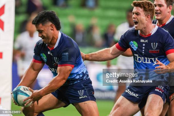 Ray Nu'u of the Rebels celebrates after scoring a try during the round six Super Rugby Pacific match between the Melbourne Rebels and the Fijian Drua...