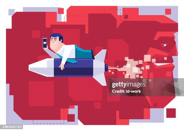 businessman lying on launching rocket and using smartphone - entering stock illustrations