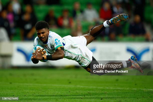 Kalaveti Ravouvou of Fijian Drua scores a try during the round six Super Rugby Pacific match between the Melbourne Rebels and the Fijian Drua at AAMI...