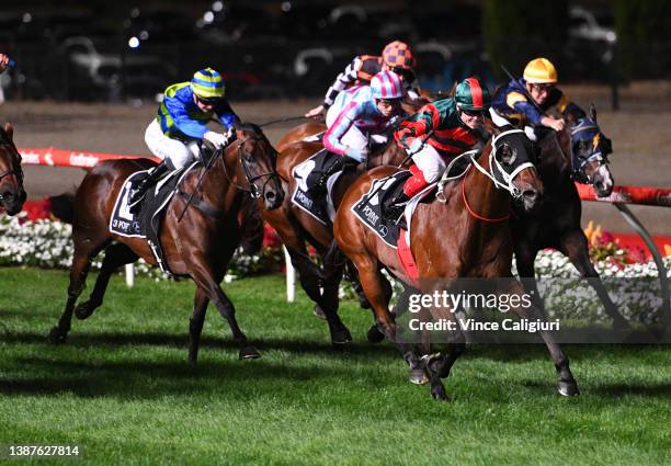 Craig Williams riding September Run winning Race 7, the 3 Point Motors William Reid Stakes, during William Reid Stakes Night at Moonee Valley...