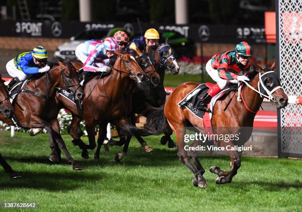 Craig Williams riding September Run winning Race 7, the 3 Point Motors William Reid Stakes, during William Reid Stakes Night at Moonee Valley...