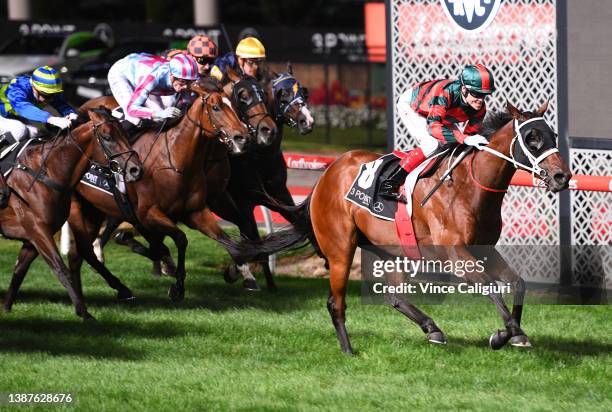 Craig Williams riding September Run winning Race 7, the 3 Point Motors William Reid Stakes, during William Reid Stakes Night at Moonee Valley...