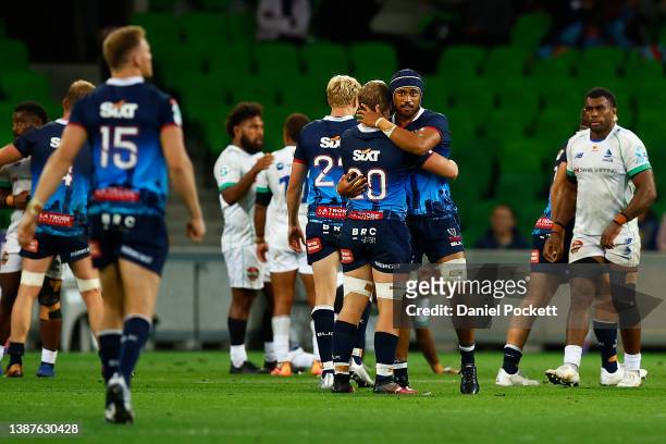 The Rebels celebrate winning the round six Super Rugby Pacific match between the Melbourne Rebels and the Fijian Drua at AAMI Park on March 25, 2022...