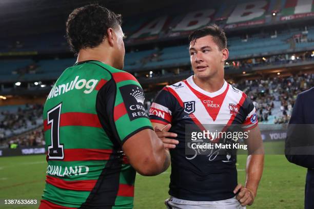 Latrell Mitchell of the Rabbitohs and Joseph Manu of the Roosters shakes hand after the round three NRL match between the South Sydney Rabbitohs and...