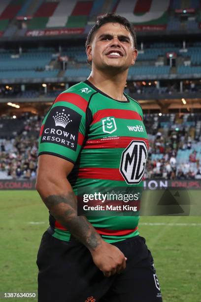 Latrell Mitchell of the Rabbitohs smiles to the crowd as he celebrates victory in the round three NRL match between the South Sydney Rabbitohs and...