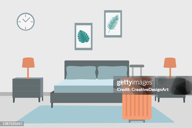 ilustrações de stock, clip art, desenhos animados e ícones de modern bedroom interior with suitcase, double bed and night tables - quarto de hotel