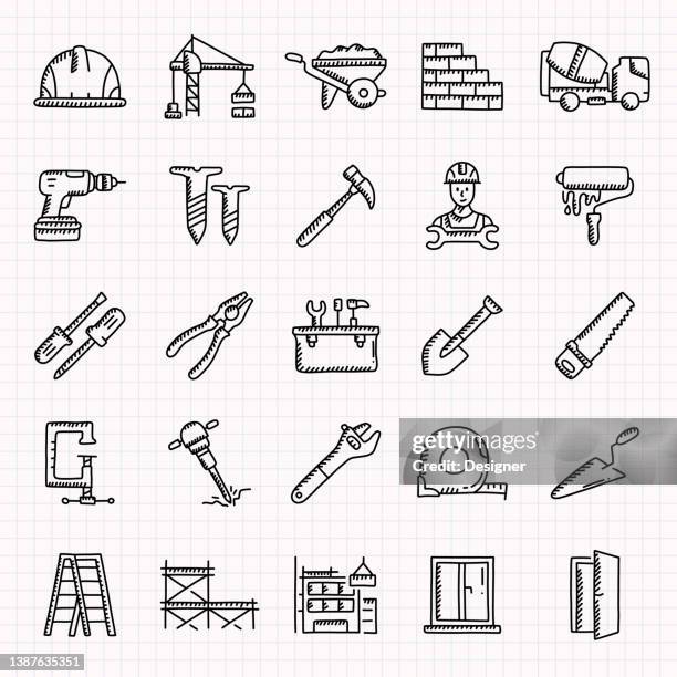 ilustraciones, imágenes clip art, dibujos animados e iconos de stock de conjunto de iconos dibujados a mano relacionados con la construcción, ilustración vectorial de estilo garabato - contractor