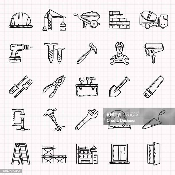 construction related hand drawn icons set, doodle style vector illustration - strength icon stock illustrations