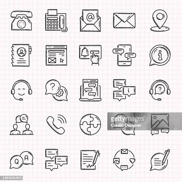contact us and support hand drawn icons set, doodle style vector illustration - contact us stock illustrations