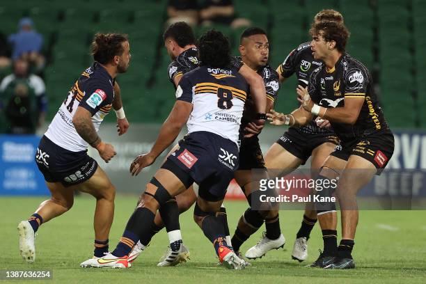 Toni Pulu of the Force runs the ball during the round six Super Rugby Pacific match between the Western Force and the ACT Brumbies at HBF Park on...