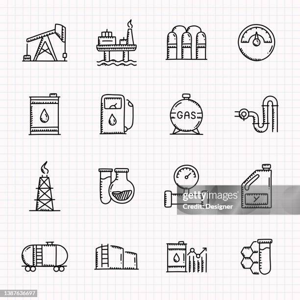 oil industry hand drawn icons set, doodle style vector illustration - oil pipeline truck stock illustrations